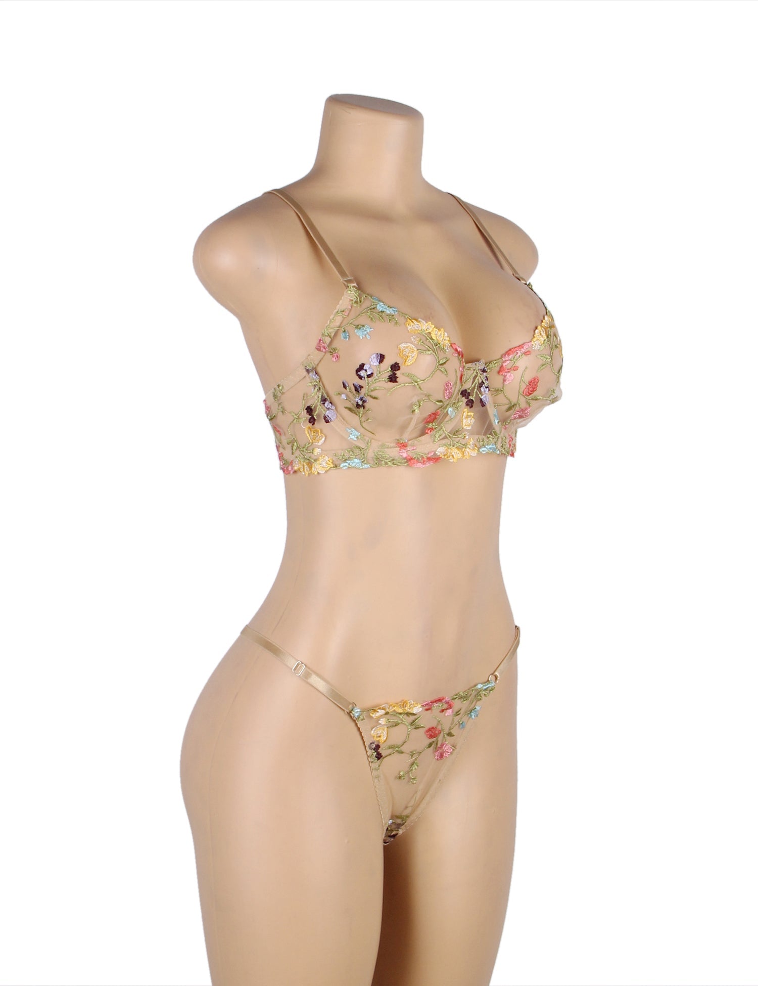 Yellow 3D Embroidery Mesh Lingerie Set – Underwire & Adjustable - TeaseFashion