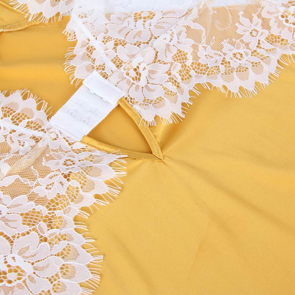 Yellow Imitation Silk Deep V Eyelash Lace Camisole Pyjama Set – Open Back with Clasp & Adjustable Straps - TeaseFashion
