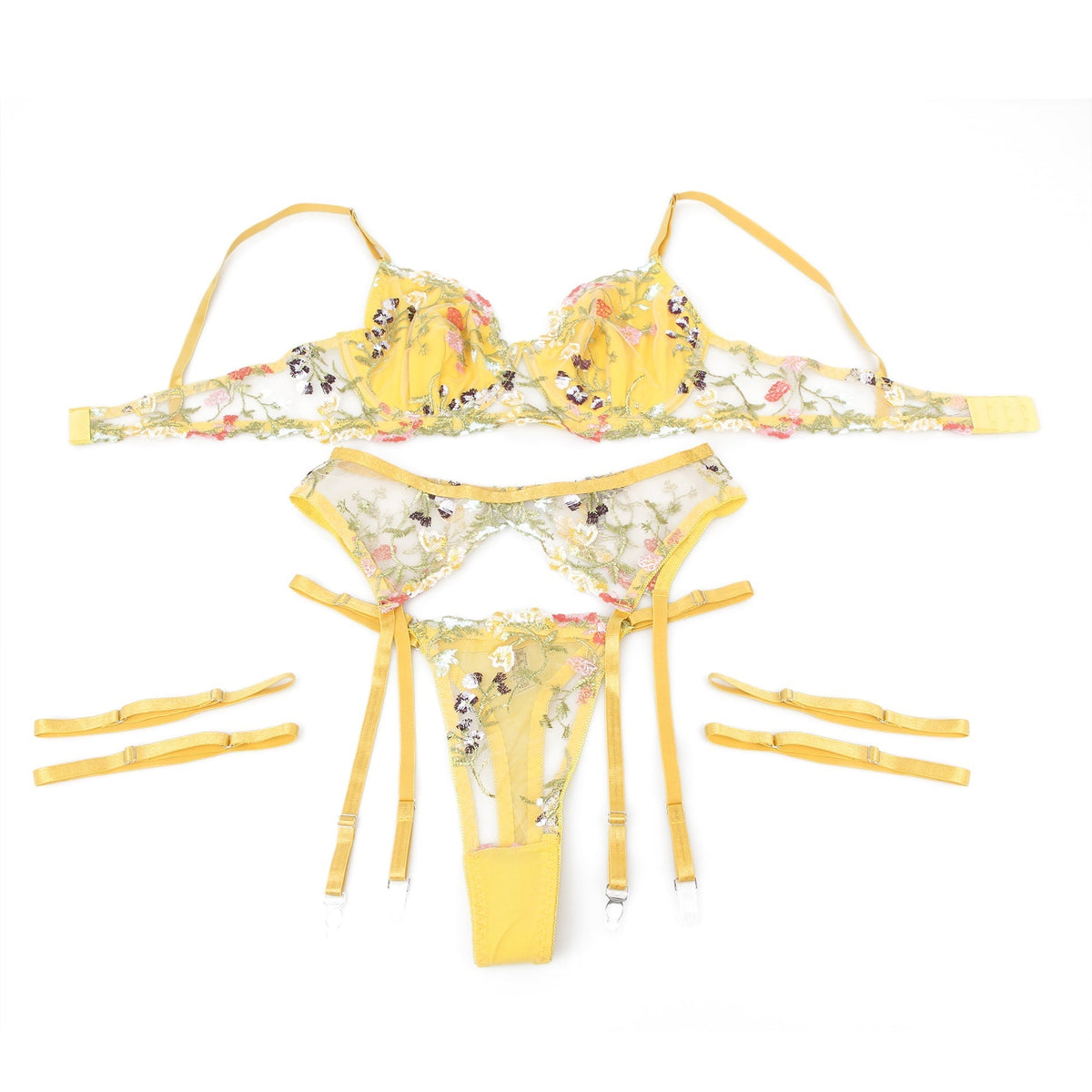 Yellow Mesh 3D Floral Embroidery Bra Garter Set – Double - Layer & Underwire - TeaseFashion