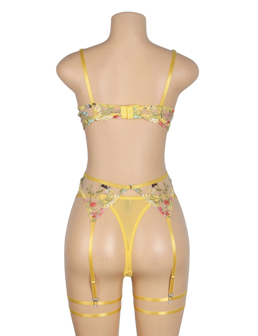 Yellow Mesh 3D Floral Embroidery Bra Garter Set – Double - Layer & Underwire - TeaseFashion