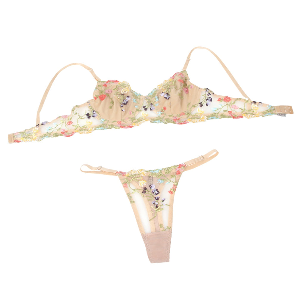 Yellow Mesh Floral Embroidery Bra Set – Underwire & Stretch Fit - TeaseFashion