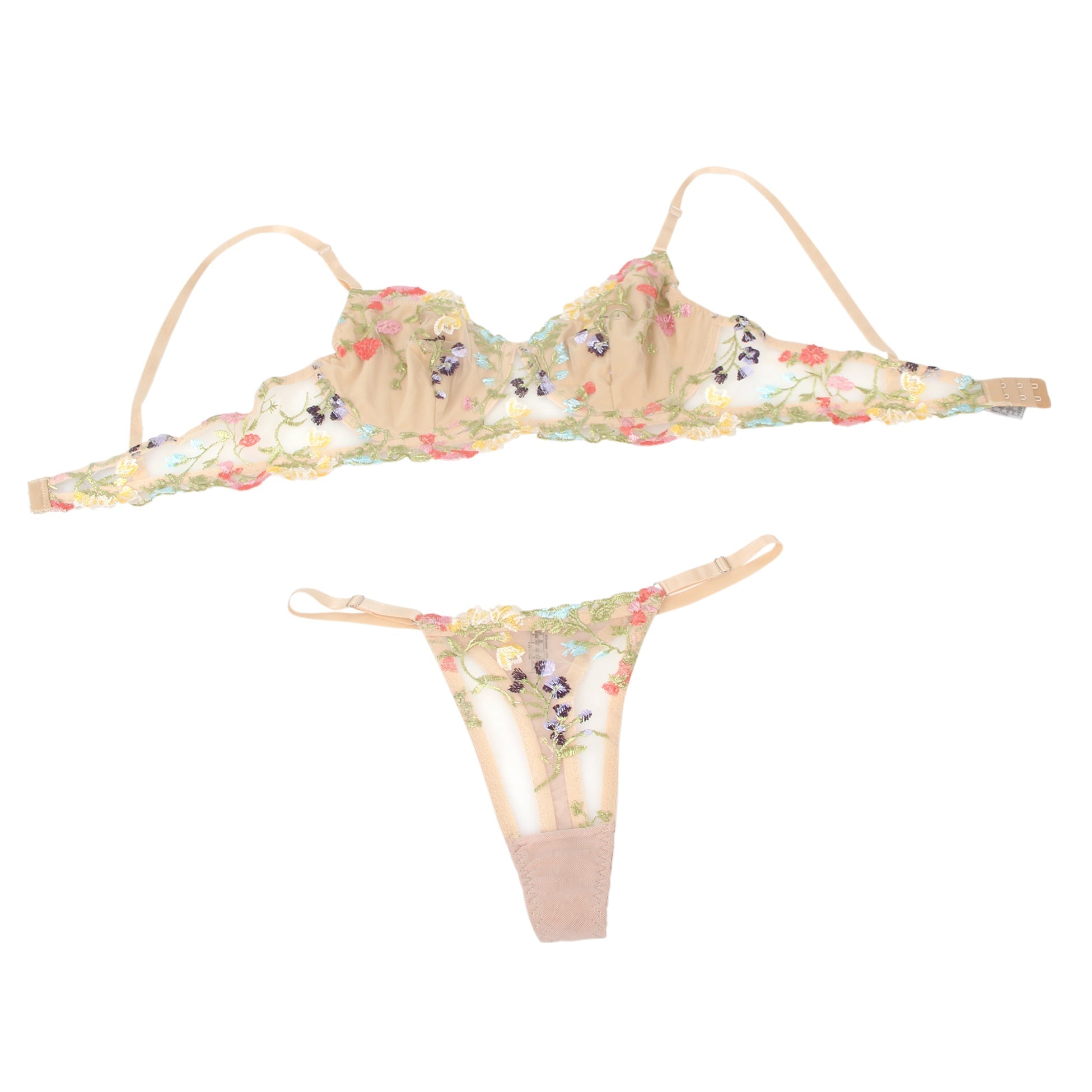 Yellow Mesh Floral Embroidery Bra Set – Underwire & Stretch Fit - TeaseFashion