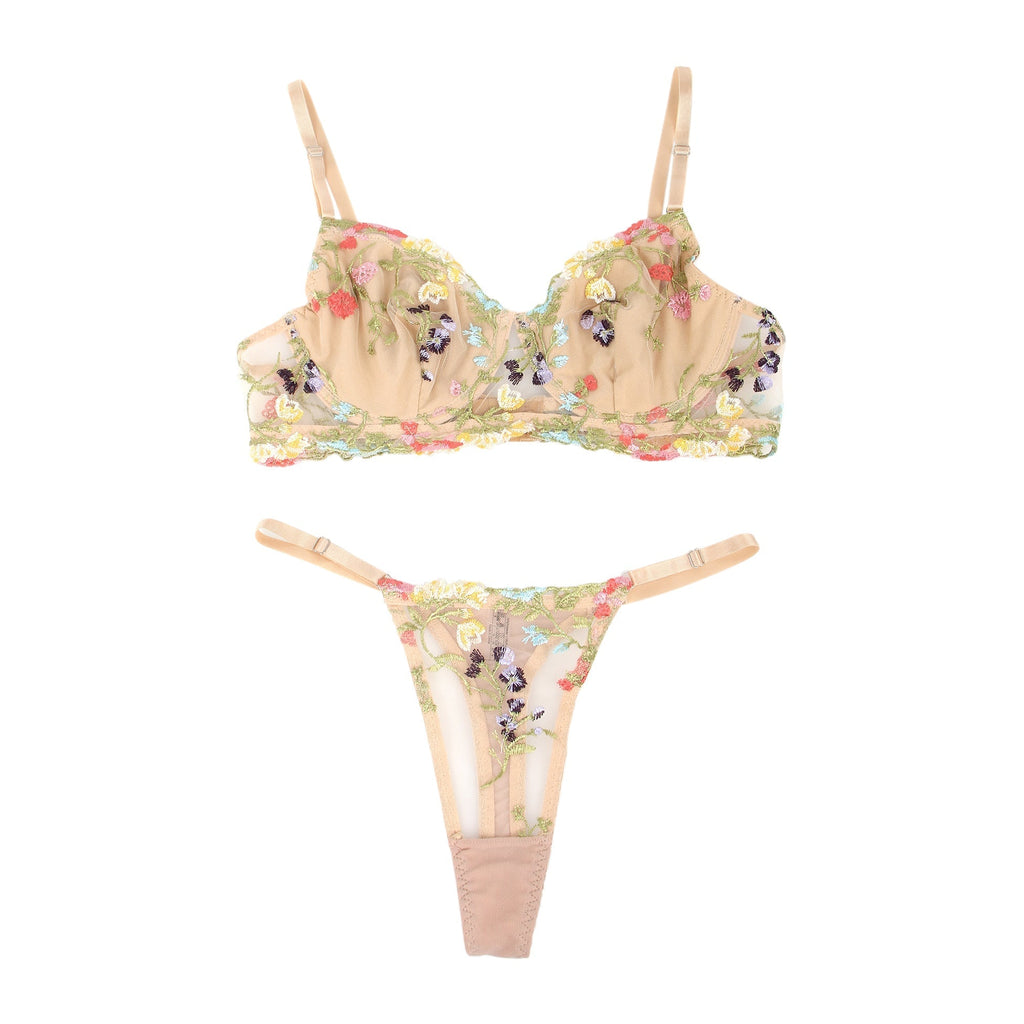Yellow Mesh Floral Embroidery Bra Set – Underwire & Stretch Fit - TeaseFashion