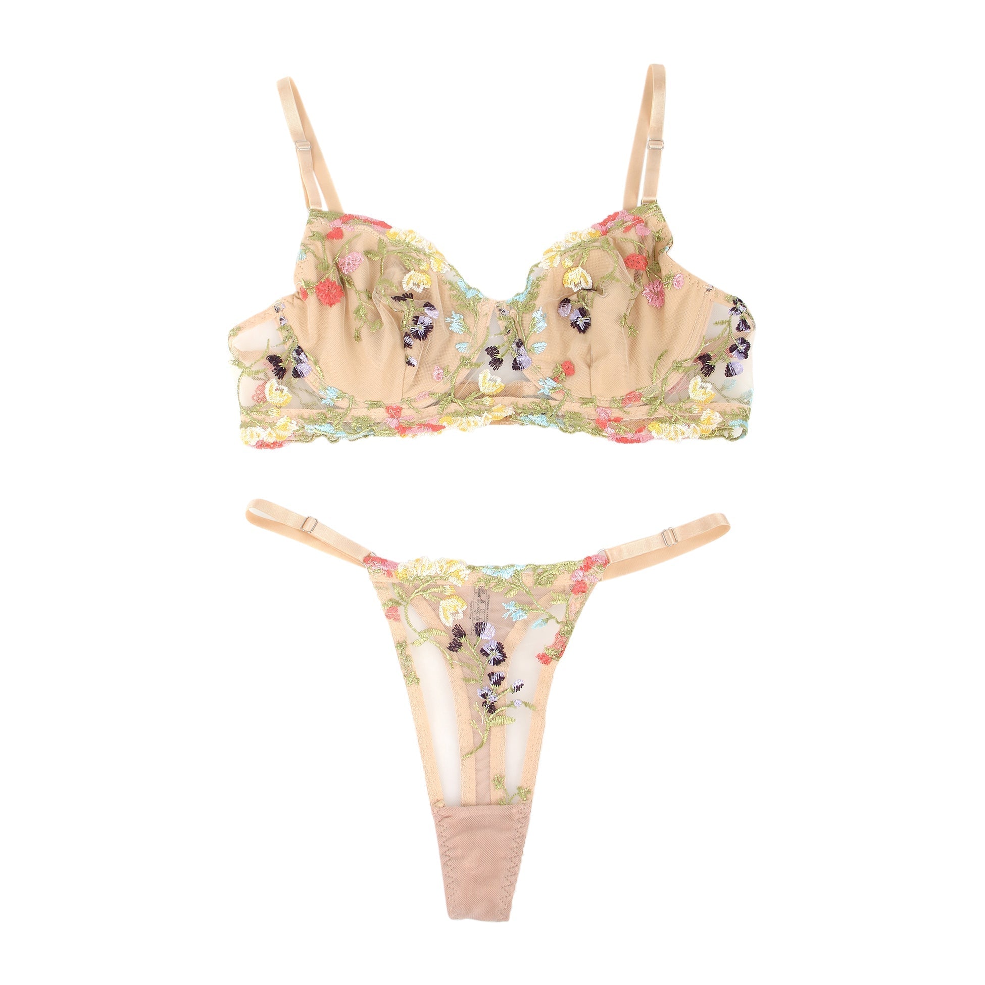 Yellow Mesh Floral Embroidery Bra Set – Underwire & Stretch Fit - TeaseFashion