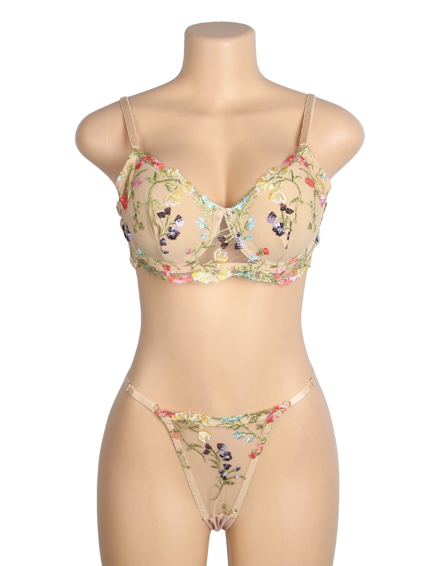 Yellow Mesh Floral Embroidery Bra Set – Underwire & Stretch Fit - TeaseFashion