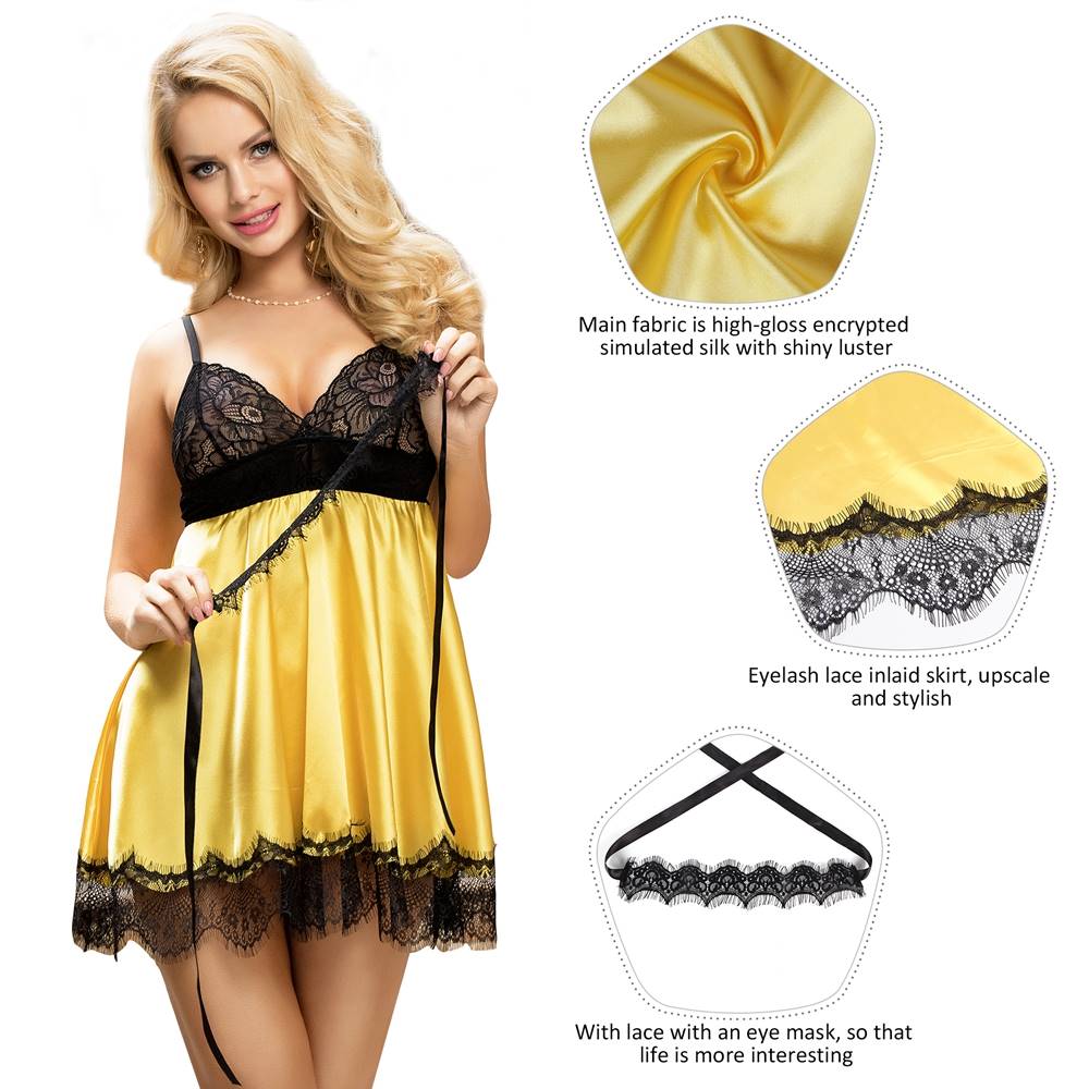 Yellow Satin - Finish Camisole Nightdress with Eyelash Lace Hem & Lace Eye Mask - TeaseFashion