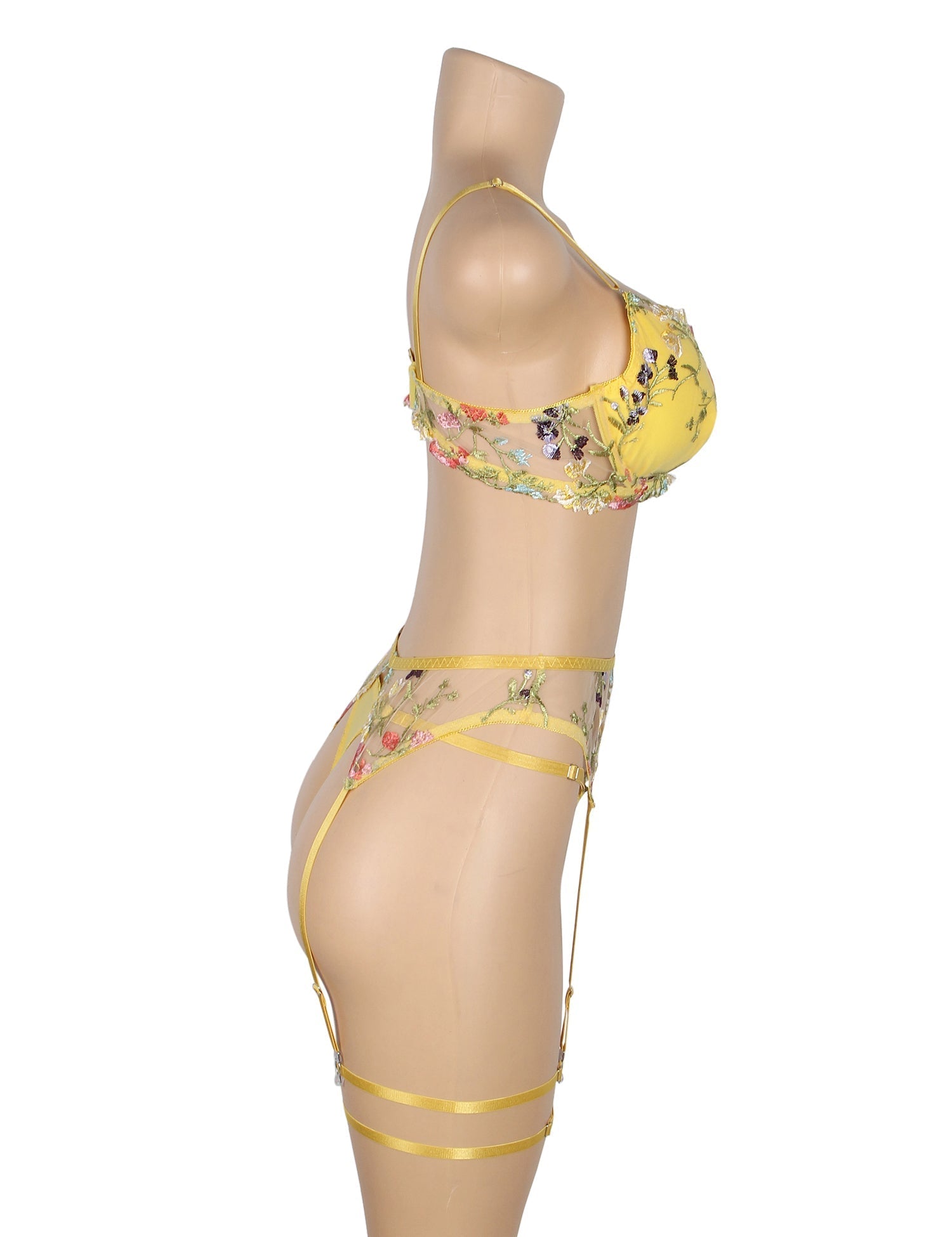 Yellow Sexy Mesh Embroidery Floral Lace Bra Set with Garter Leg Rings - TeaseFashion