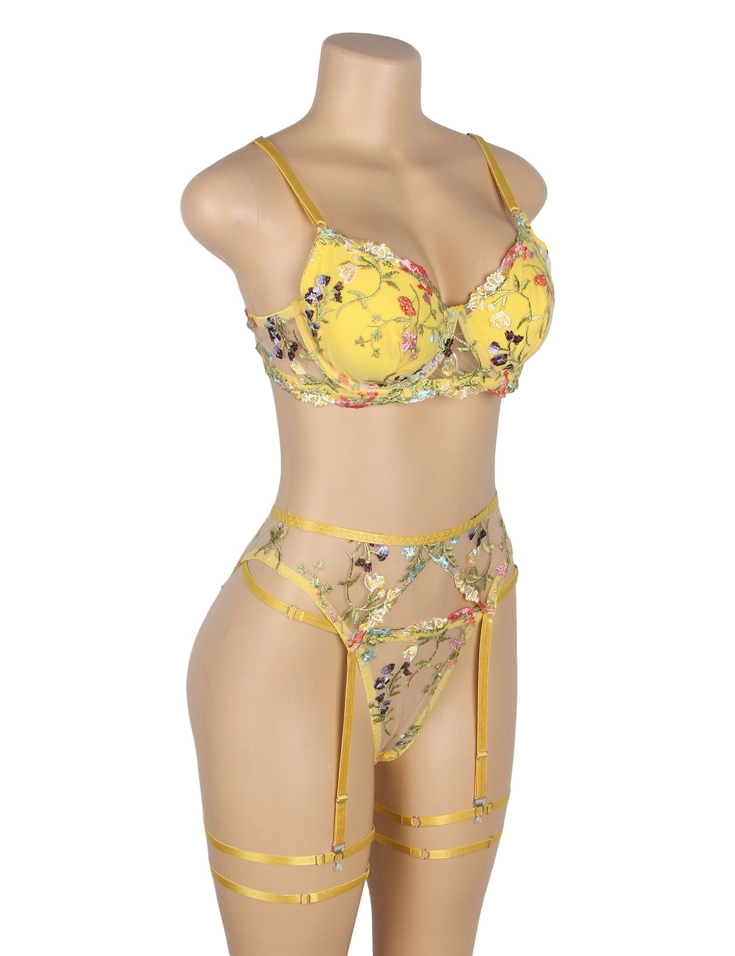 Yellow Sexy Mesh Embroidery Floral Lace Bra Set with Garter Leg Rings - TeaseFashion