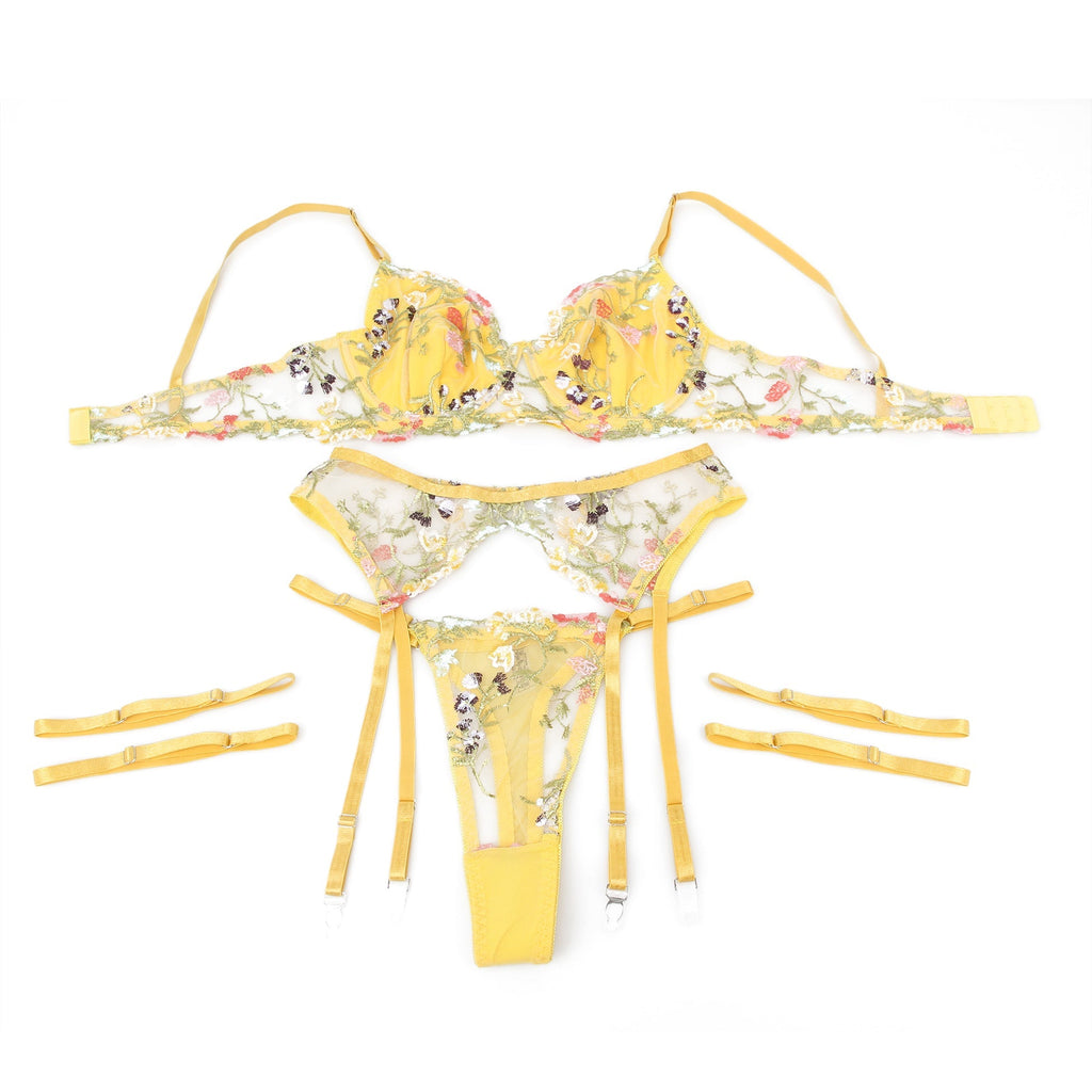 Yellow Sexy Mesh Embroidery Floral Lace Bra Set with Garter Leg Rings - TeaseFashion