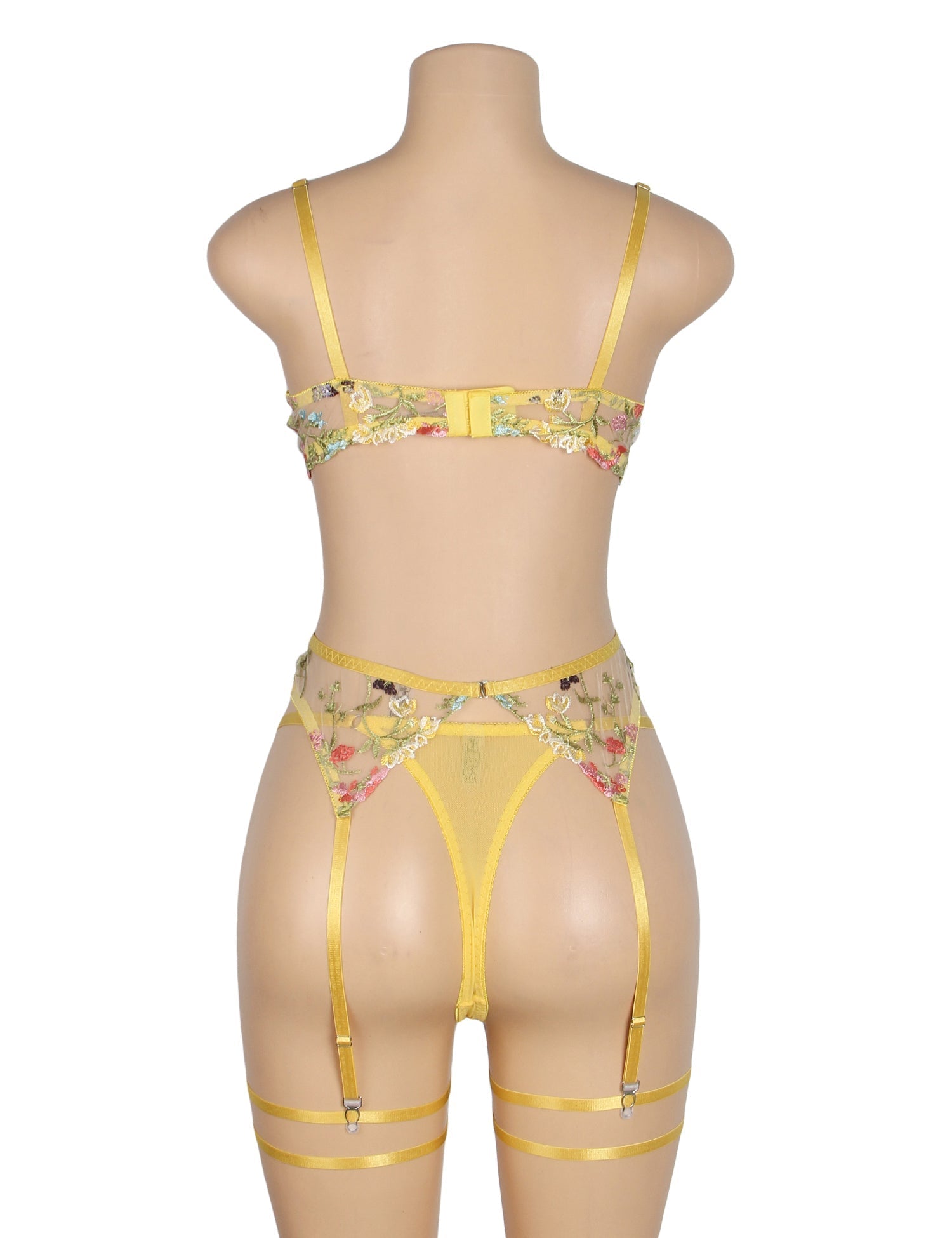 Yellow Sexy Mesh Embroidery Floral Lace Bra Set with Garter Leg Rings - TeaseFashion