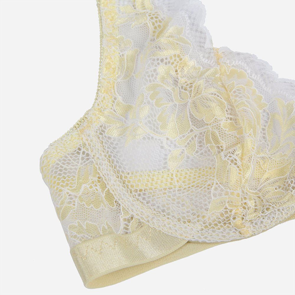 Yellow Two - Tone Lace Bra Set – Underwire & Wide Elastic Band - TeaseFashion