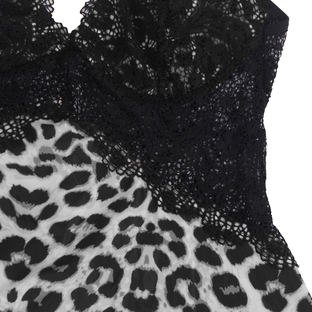 Yellow & White Leopard Print Babydoll with Deep V - Neck, Lace Splicing, Floral Strap Appliqué & Thong - TeaseFashion