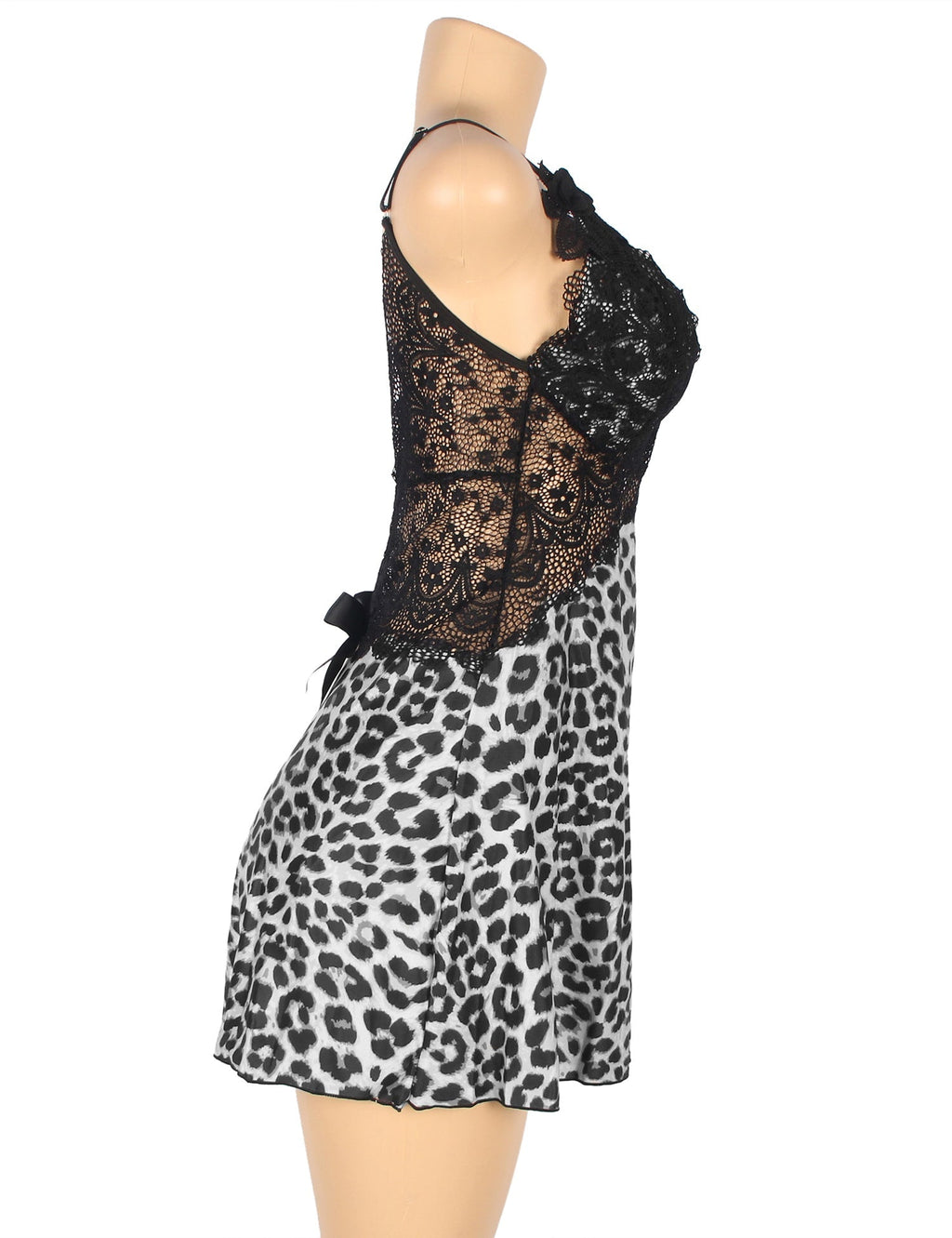 Yellow & White Leopard Print Babydoll with Deep V - Neck, Lace Splicing, Floral Strap Appliqué & Thong - TeaseFashion