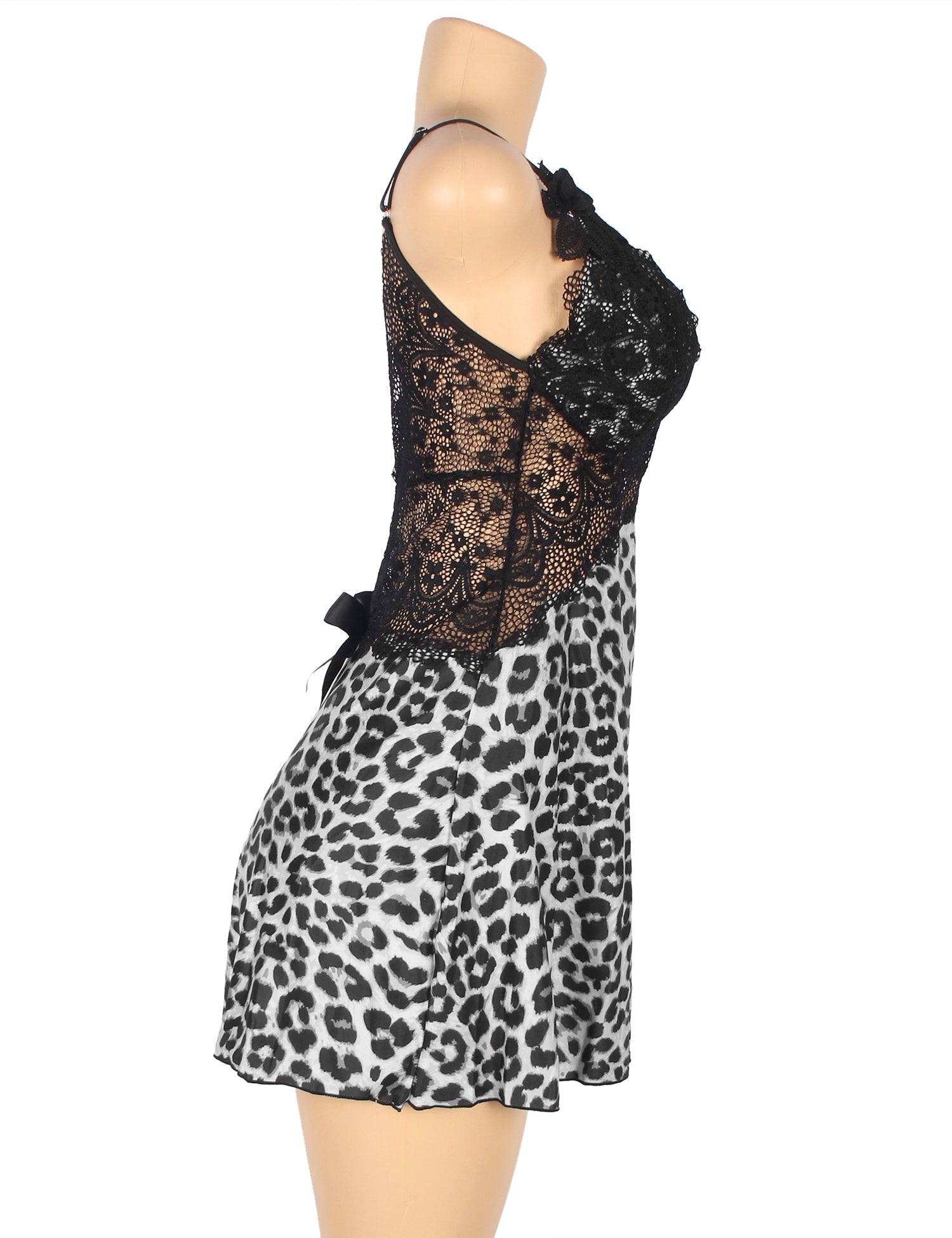 Yellow & White Leopard Print Babydoll with Deep V - Neck, Lace Splicing, Floral Strap Appliqué & Thong - TeaseFashion
